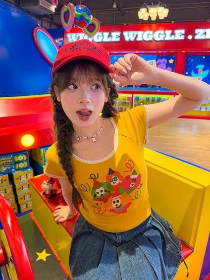 漫画プリントTシャツ ネックジンジャーレーストリムラウンド