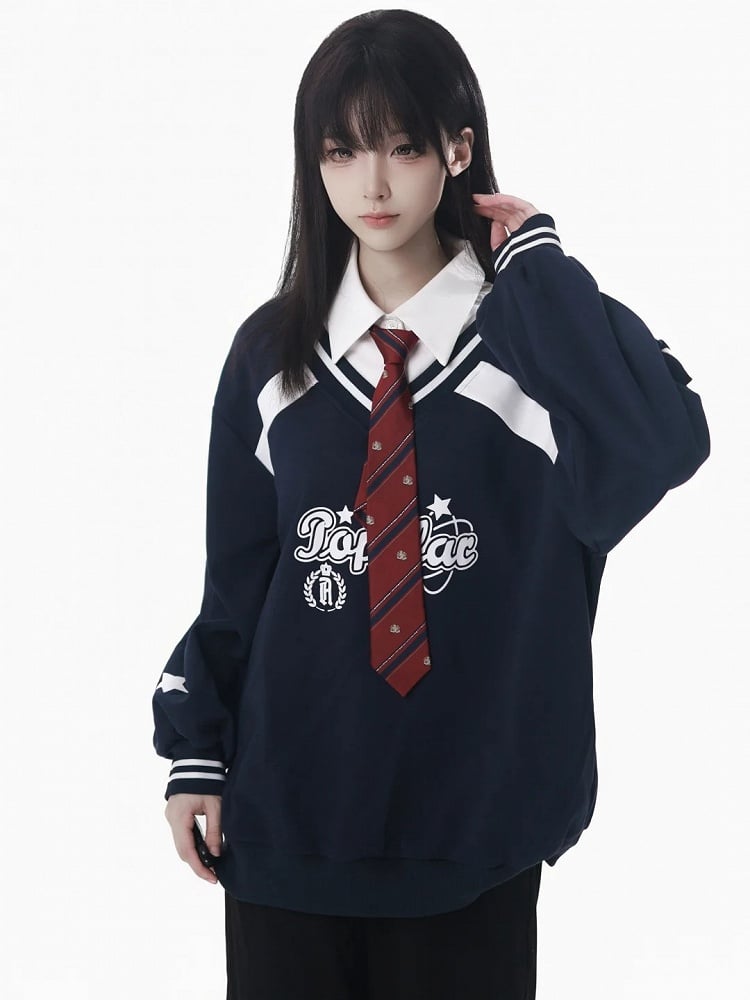 with Collegiate Version Faux Wine Long/Short Blue Star Sweatshirt Red/Navy Two-Piece Print in