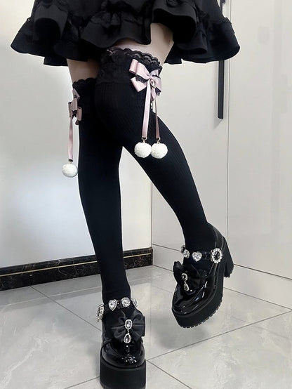 ジライケイ ポンポンディテール レースカフス 蝶結び オーバーニーストッキング