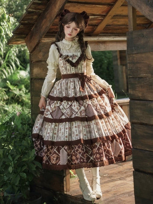 and Cottagecore Dress Natural with Brown Kei Lolita Squirrel Mushroom Skirt Print Tiered