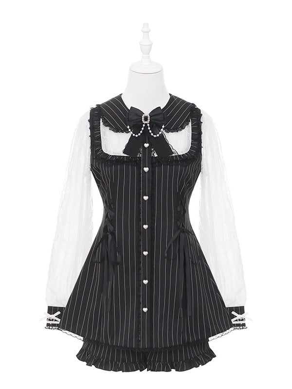 with Decor and Bead Shorts Kei Dress + Matching Black Long-Sleeve Stripe Set Chain Jirai Bow Lace White