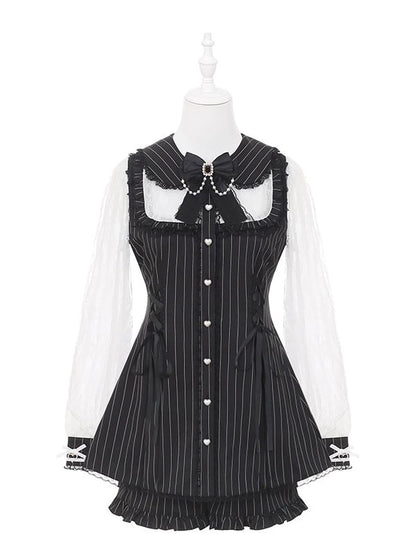 with Decor and Bead Shorts Kei Dress + Matching Black Long-Sleeve Stripe Set Chain Jirai Bow Lace White