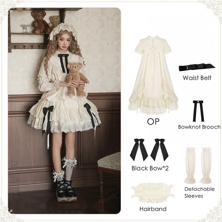 Schleifen Beige Fashion Kordelzug Lolita Kleid Schwarz mit Design Vielseitig und Taillengürtel
