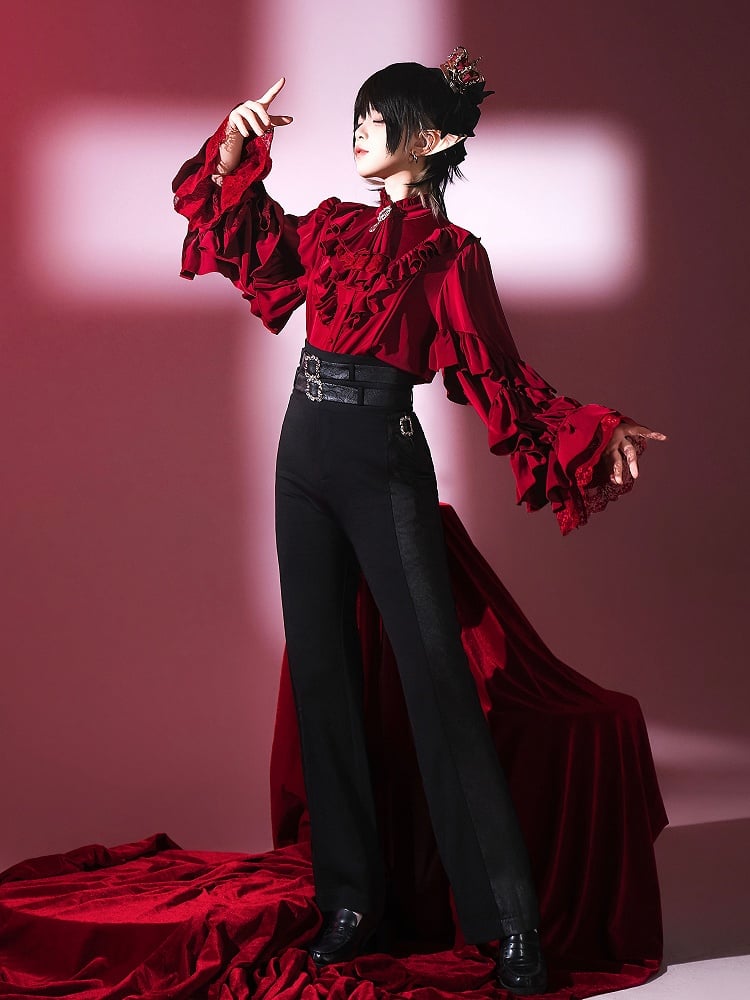 Wine Red Ruffle Neckline Vampire Ouji Lolita Long Sleeves Shirt – LilyVow