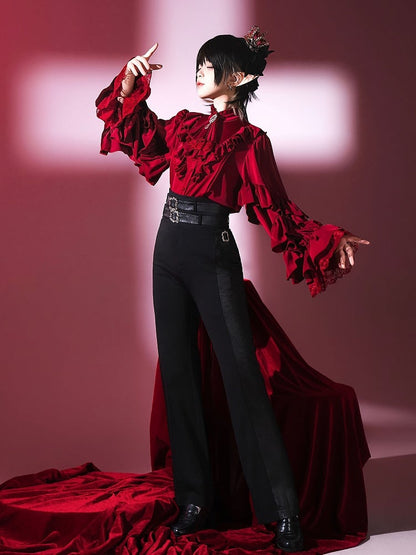 Vampire Sleeves Wine Ouji Long Lolita Shirt Red Neckline Ruffle
