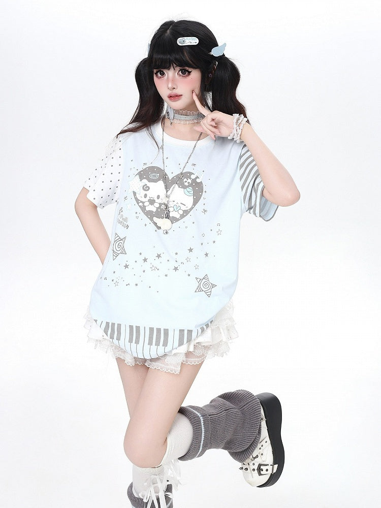 Blue Piano Kitten Print Round Neck T Shirt Polka Dot Stripes