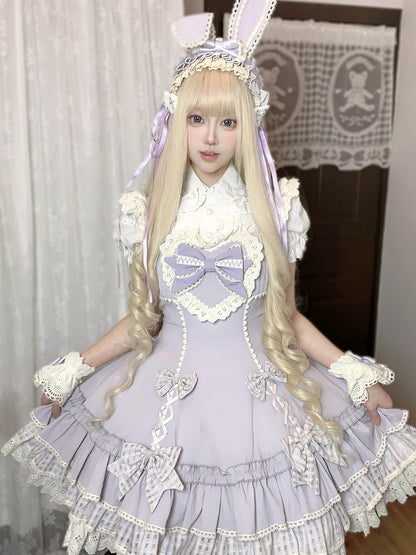 Bow-Accented Lolita JSK Dress in Purple Plaid with Lace Trim - Yinying Lolita