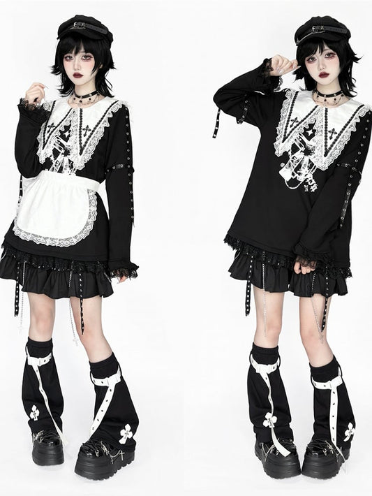 with Black Top: Criss-Cross Cross Pointed Harajuku Style Collar White Jirai Straps Kei Sleeve