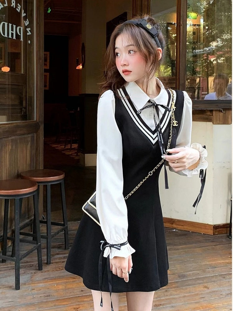 Black Fake Two Piece Polo Collar Dress with Bow - Qchiwawameme