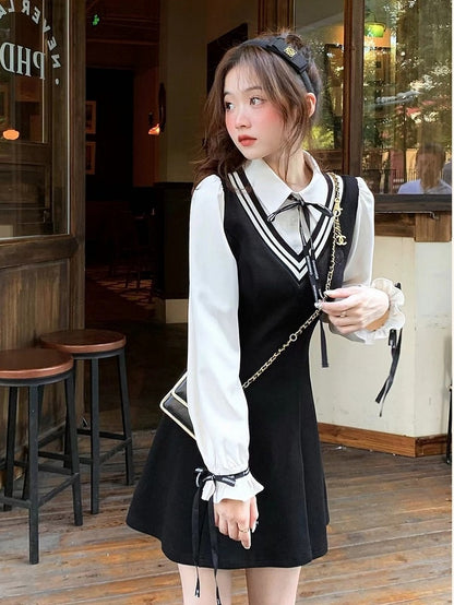 Black Fake Two Piece Polo Collar Dress with Bow - Qchiwawameme