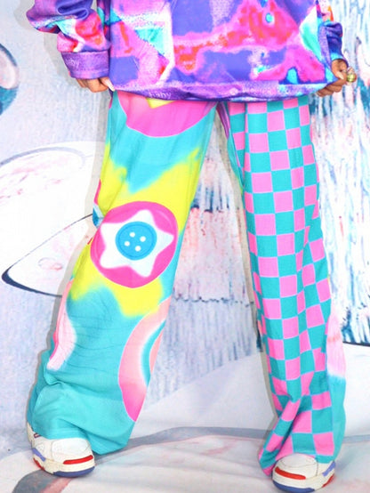 スタープリントハートパンツ カットカラフルパターン チェックとY2K ワイドレッグ