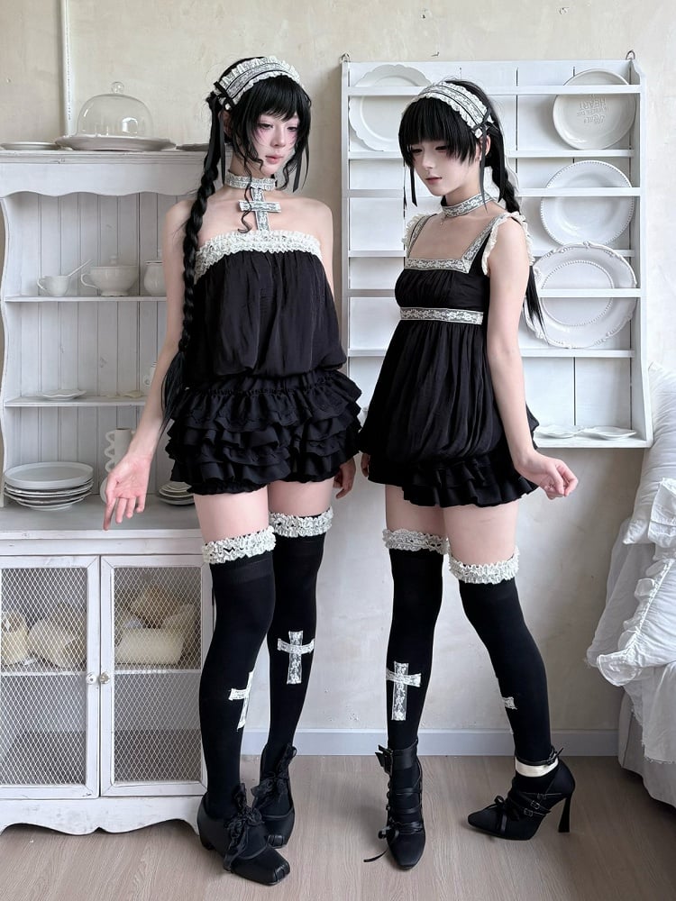 Gothic Black Strapless Bubble Hem Top with Lace Trim Accents - Damn Girl