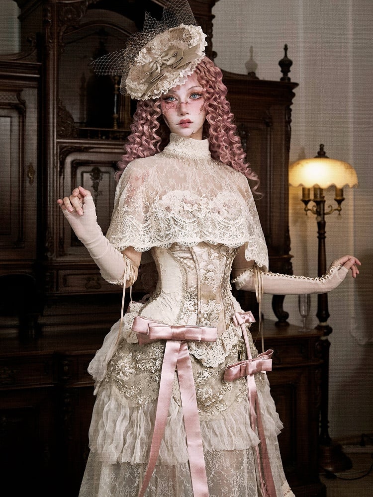Bead High Shawl Victorian Cream Collar Lace Light Tassels Cape
