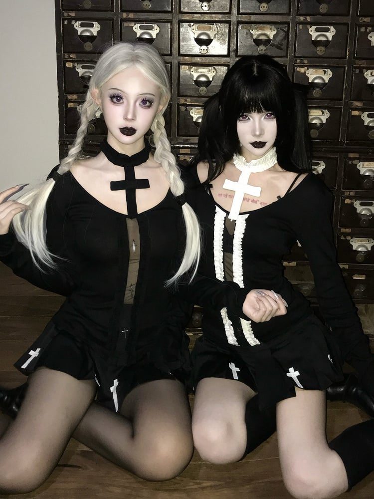 Top Gothic All with White Cutout Black/Black Sleeves Design Long