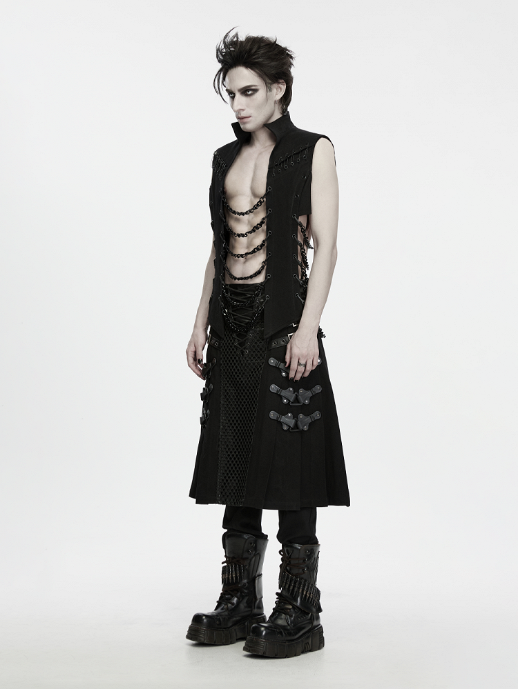 Abyss Chain Stand-Collar Black Men's Punk Vest - Punk Rave
