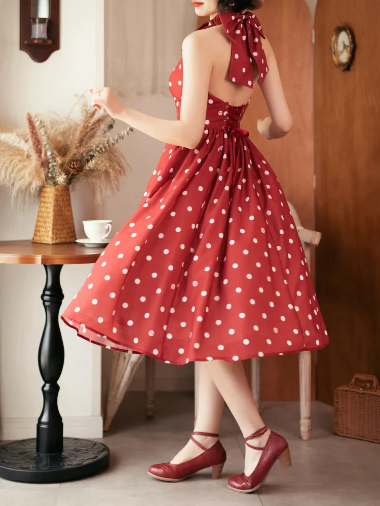 Mode Bogen Halfter Polka Retro Zurück Print Kleid Muster Hals Rote Punkte