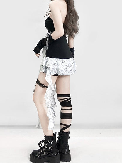 Strapless BlackWhite Glamorous Y2K Trim Lace-up Cascading Detail Dress Ruffle