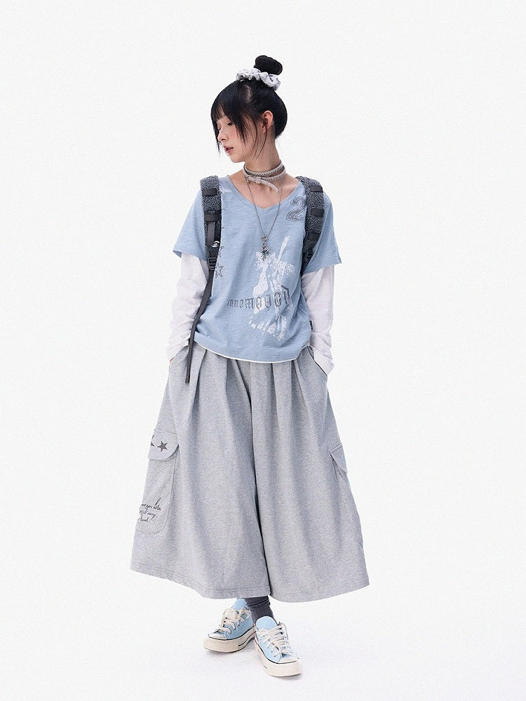 Dusty Blue Fake Two-Piece V-Neck Long Sleeve Tee with Print - innomoood