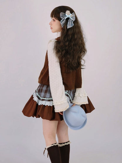 Brown + Bubble Set Knit Lolita Top Blue Plaid Skirt Waistcoat Sweet