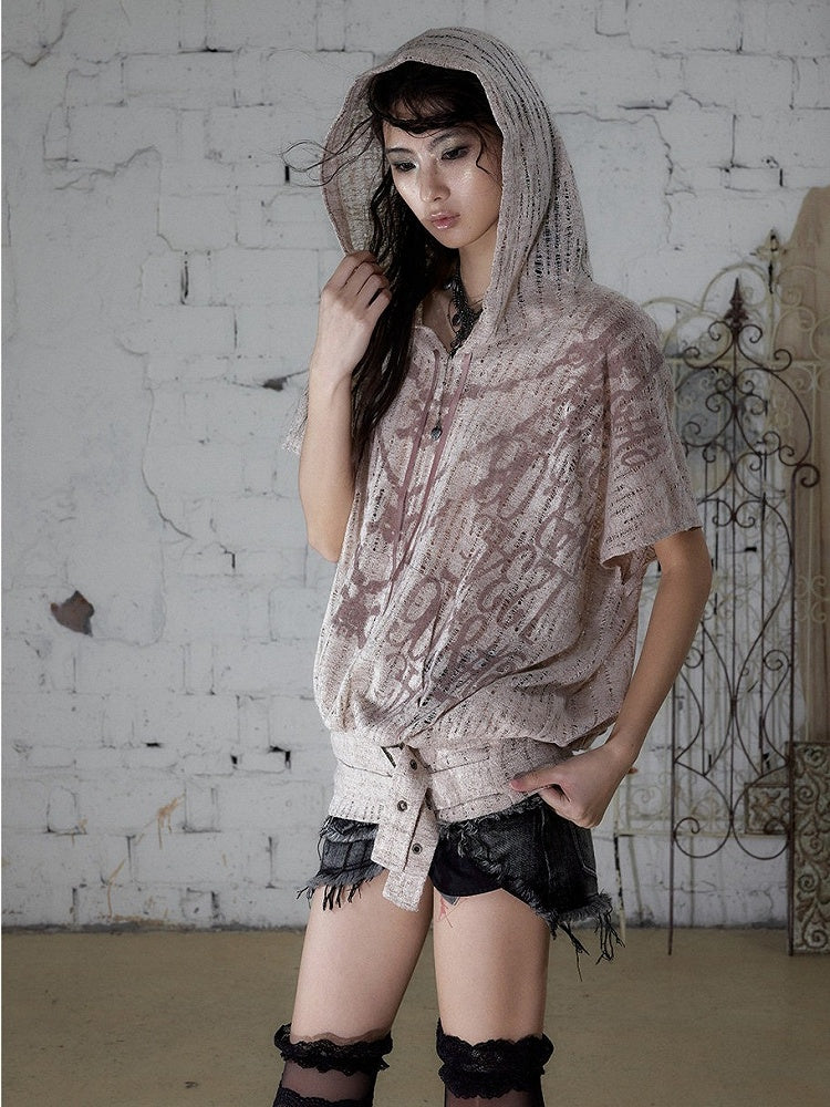 Dusty Pink Distressed Hooded Batwing Knit Top - NO ROMANCE