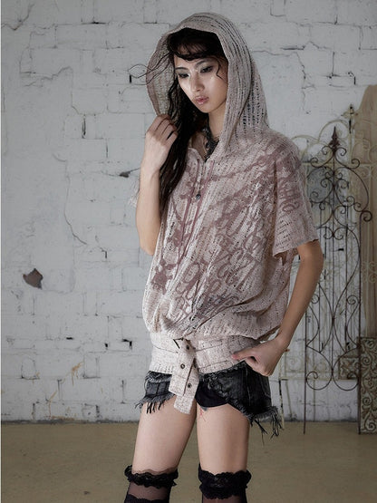 Dusty Pink Distressed Hooded Batwing Knit Top - NO ROMANCE