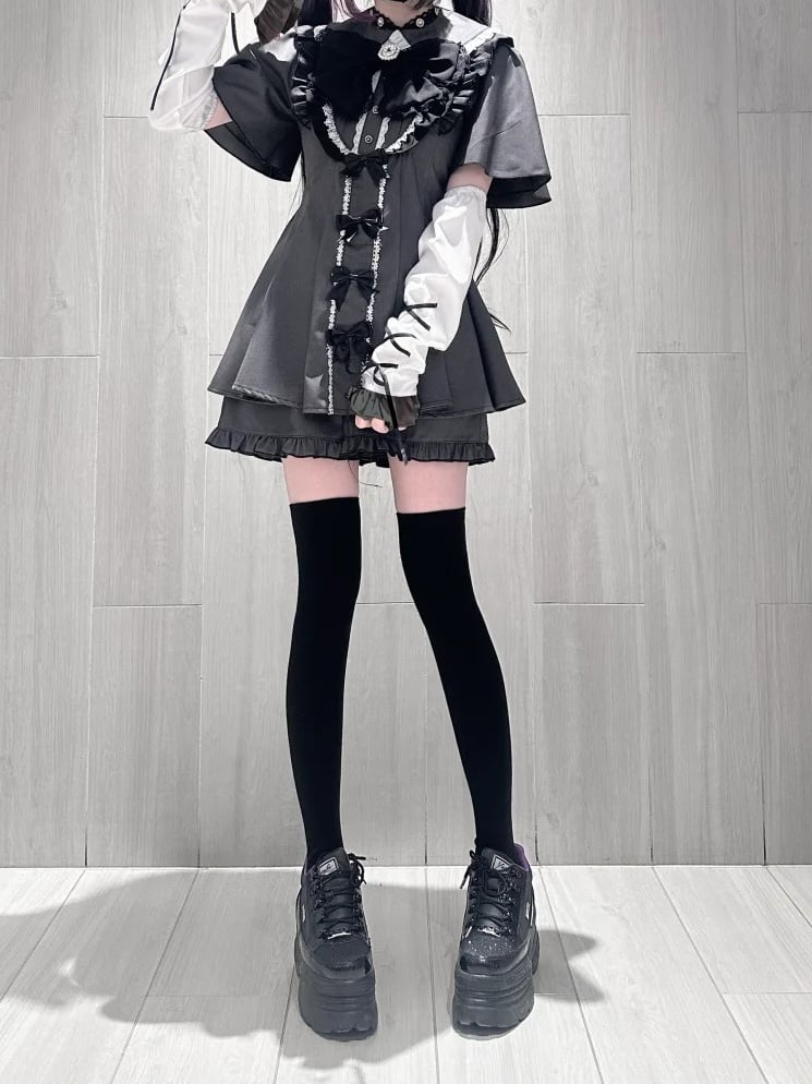 Detachable Dress + Sleeves Gray Tie Set Short-Sleeve Shorts Kei Matching Dark Jirai Full Bow