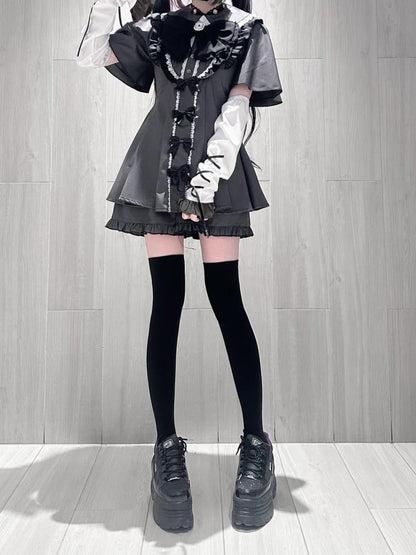 Detachable Dress + Sleeves Gray Tie Set Short-Sleeve Shorts Kei Matching Dark Jirai Full Bow