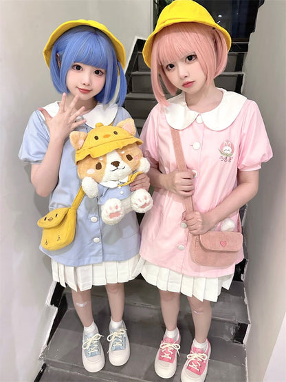 Hellrosa Oberteil mit Puffärmeln und Peter-Pan-Kragen