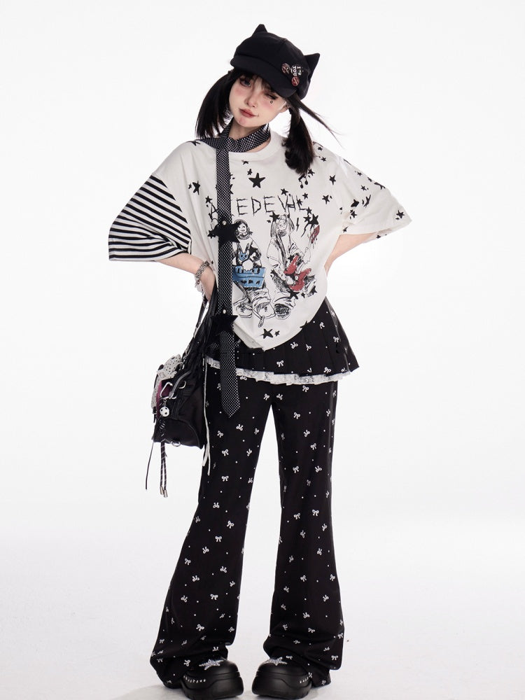 T-Shirt Loose Y2K Graffiti Print Rundhals Grau/Weiß