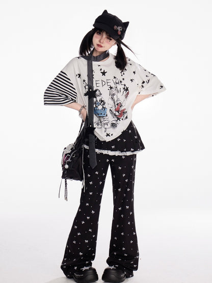 T-Shirt Loose Y2K Graffiti Print Rundhals Grau/Weiß