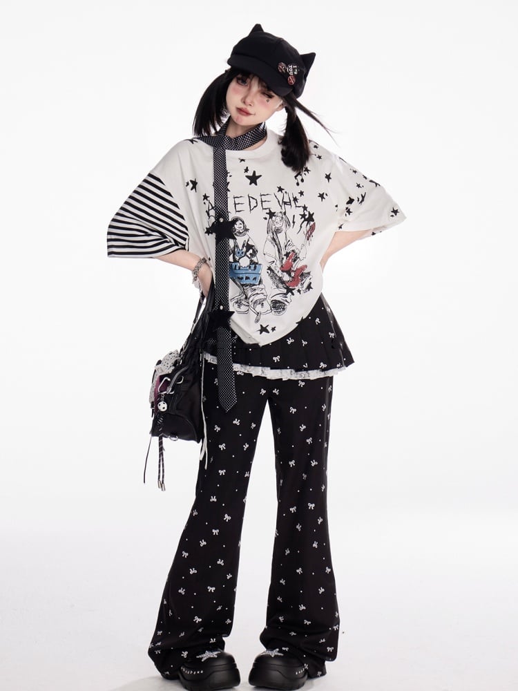 リボンプリントフレアパンツ ブラック ゴムウエスト オールオーバー