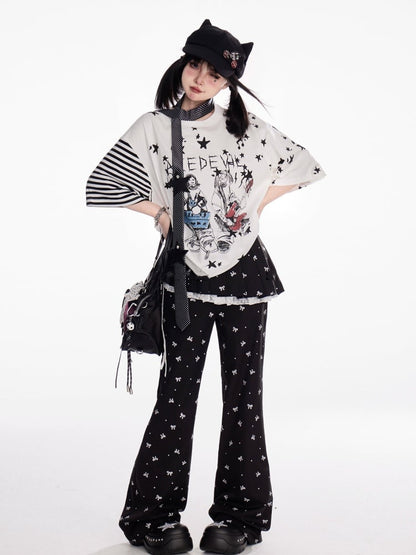 リボンプリントフレアパンツ ブラック ゴムウエスト オールオーバー