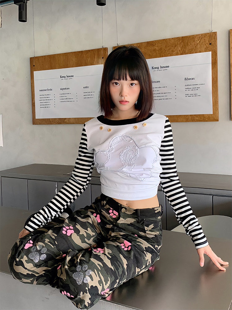 Pink Pants Camouflage Cat with Details Paw Rhinestone