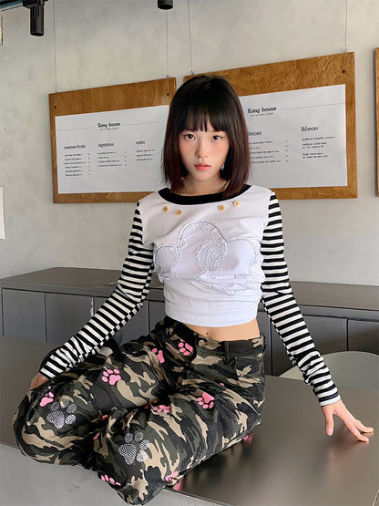 Pink Pants Camouflage Cat with Details Paw Rhinestone