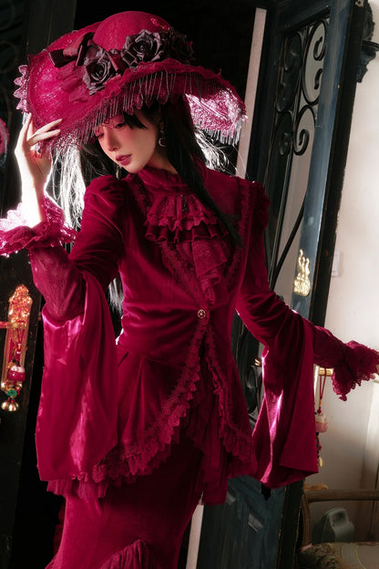 Embroidered Lace Blouse with Velvet V-Neck Coat and Layered Mermaid Skirt - DevilInspired Exclusive Collection