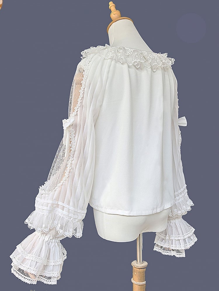 Blouse Sleeves Semi-sheer Neck Trim Lolita White with Round Ruffled and Lace