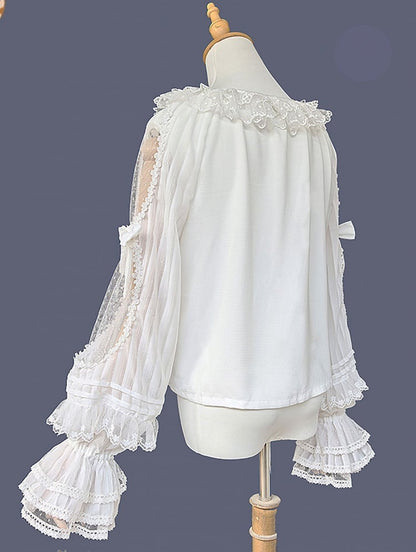 Blouse Sleeves Semi-sheer Neck Trim Lolita White with Round Ruffled and Lace