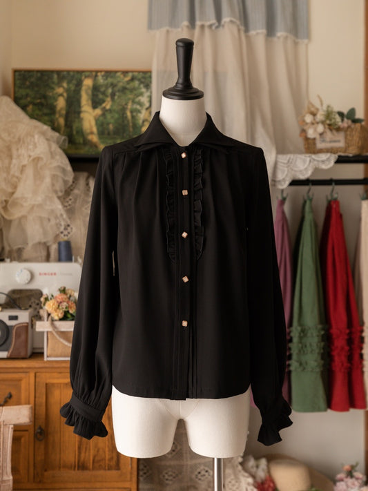Black Double Layered Pointed Collar Long Sleeves Shirt