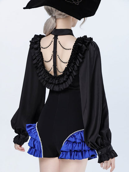 All Black Lace-up Ruffled V-neck Long Sleeves Backless Shirt - DevilInspired Exclusive Collection