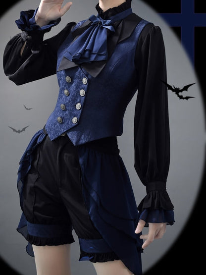 Schwarzes und dunkelblaues Ouji Lolita Fashion Prince Shirt mit Jabot