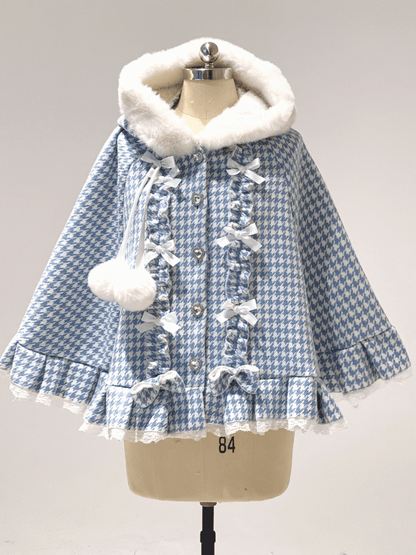 Hooded Fleece-Lined Kei Buttons Heart Cape Houndstooth Jirai with