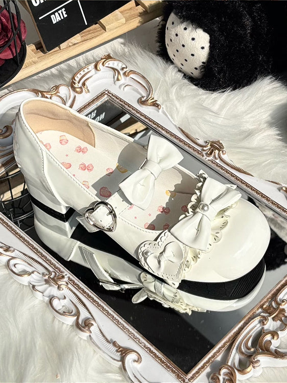 with - Mary Lolita for Round Sweet White Bead Janes Low Embellishments Heel Toe