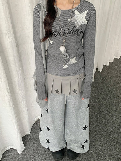 Print Star with Grey Pants Wide-leg