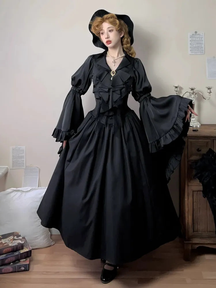 Schwarz / Dunkelblaues Aristocrat Gothic Hemd mit langen Glockenärmeln