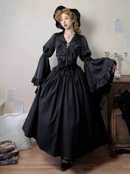 Black / Dark Blue Long Bell Sleeves Aristocrat Gothic Shirt