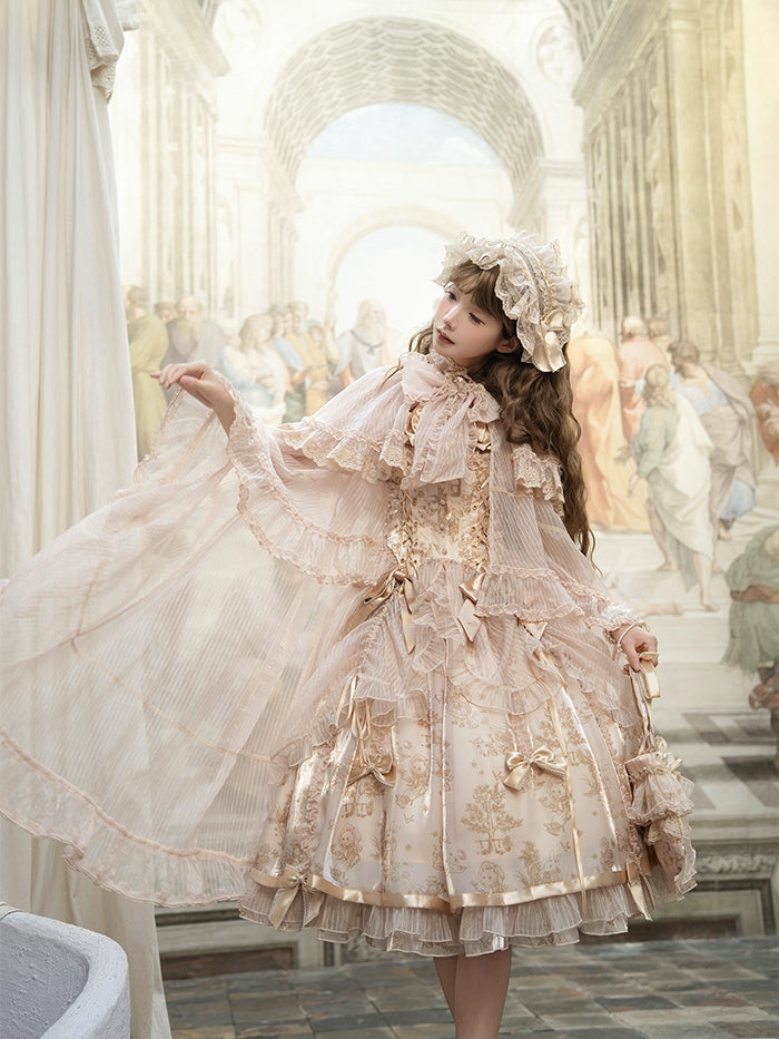 Cascading Trimming Cloak Ruffle Self-tie Neckline Champagne Bow Big