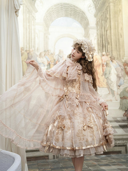 Cascading Trimming Cloak Ruffle Self-tie Neckline Champagne Bow Big