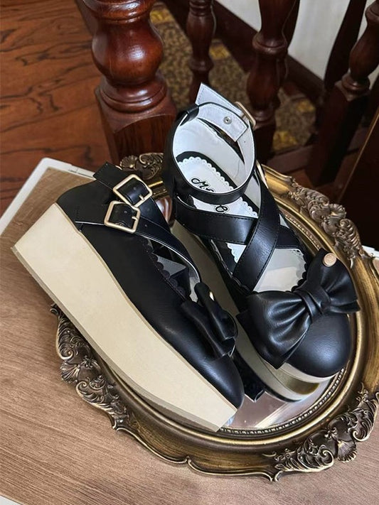in Sole Lolita Bow Mary Design Crisscross with PU Grain Sweet - Black Wood Janes Accents