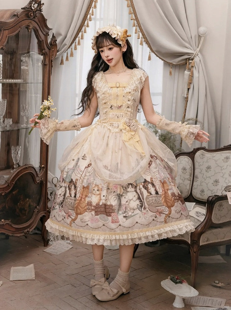 Beige Cat Print Lace Ruffles Sweet Lolita JSK Dress with Drawstring Overlay - NyaNya