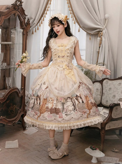 Beige Cat Print Lace Ruffles Sweet Lolita JSK Dress with Drawstring Overlay - NyaNya